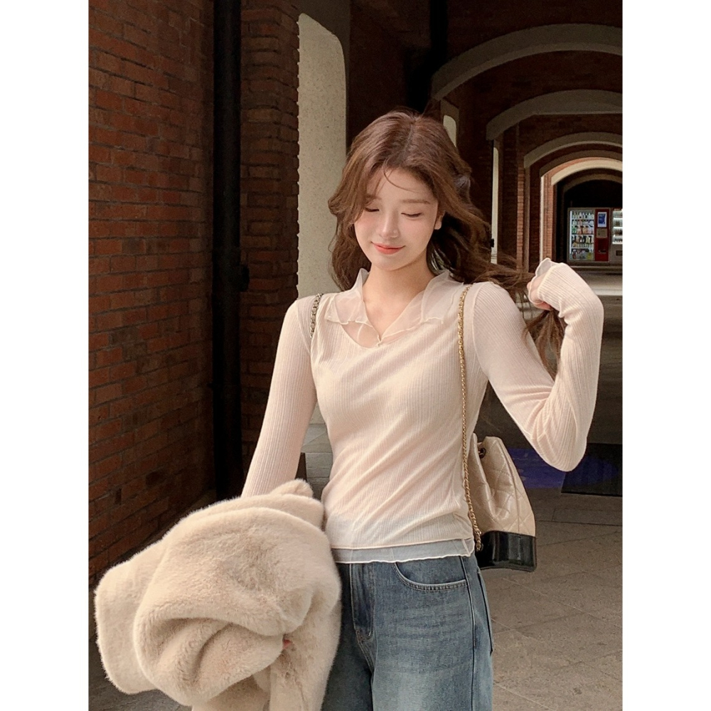 無刷毛/刷毛🔥 正韓製浪漫網紗拼接假兩件上衣 tee 7色 / 헤이라 망사 카라 긴팔 티셔츠-細節圖9