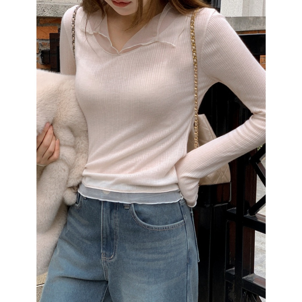 無刷毛/刷毛🔥 正韓製浪漫網紗拼接假兩件上衣 tee 7色 / 헤이라 망사 카라 긴팔 티셔츠-細節圖10