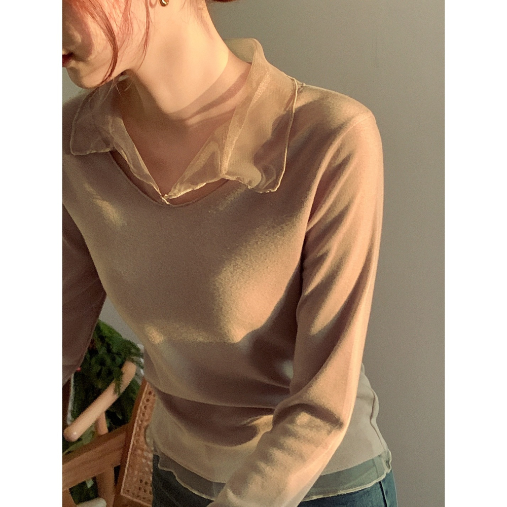 無刷毛/刷毛🔥 正韓製浪漫網紗拼接假兩件上衣 tee 7色 / 헤이라 망사 카라 긴팔 티셔츠-細節圖11