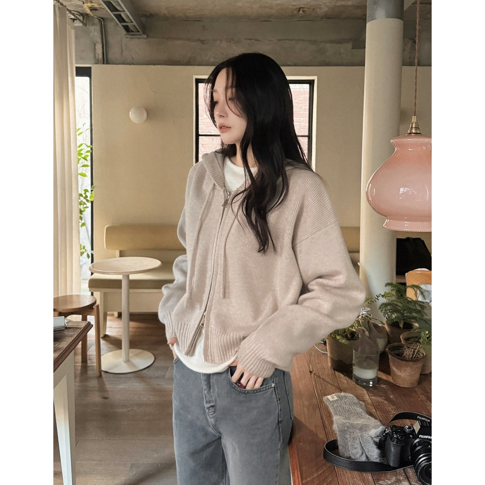 中短版針織連帽外套 cardigan 4色 / 로지 세미크롭 니트후드집업-細節圖2
