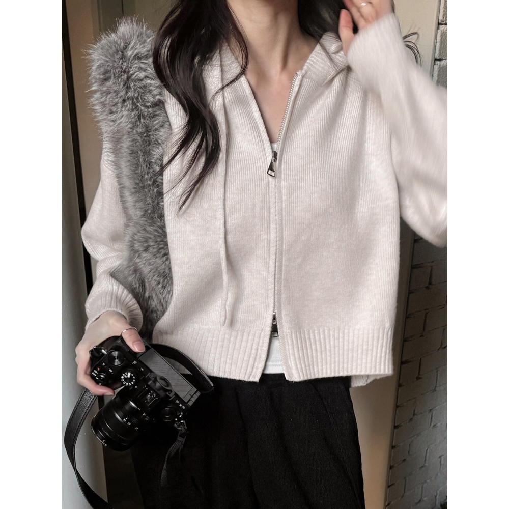 中短版針織連帽外套 cardigan 4色 / 로지 세미크롭 니트후드집업-細節圖7