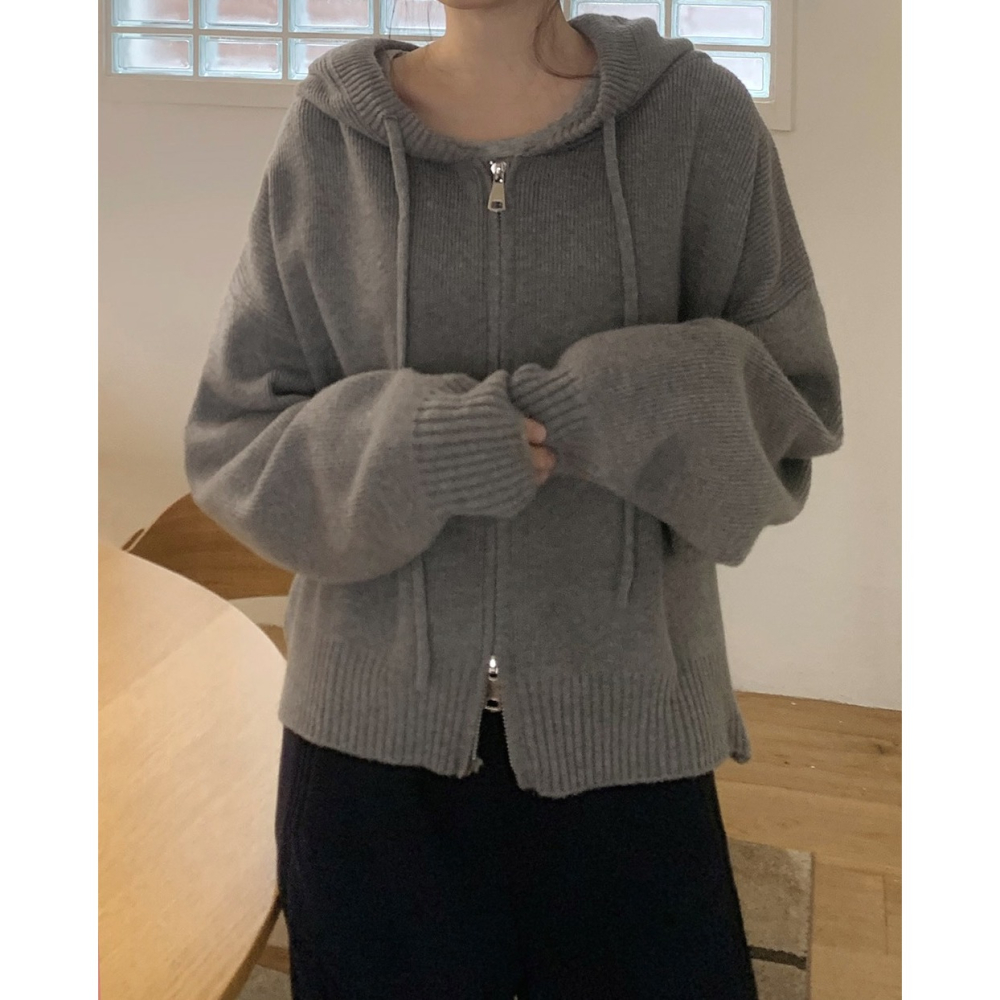中短版針織連帽外套 cardigan 4色 / 로지 세미크롭 니트후드집업-細節圖9