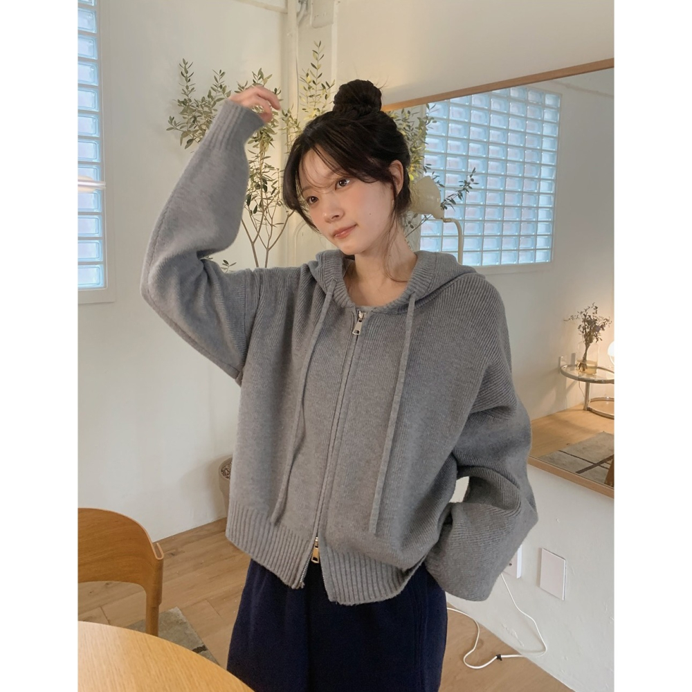 中短版針織連帽外套 cardigan 4色 / 로지 세미크롭 니트후드집업-細節圖10