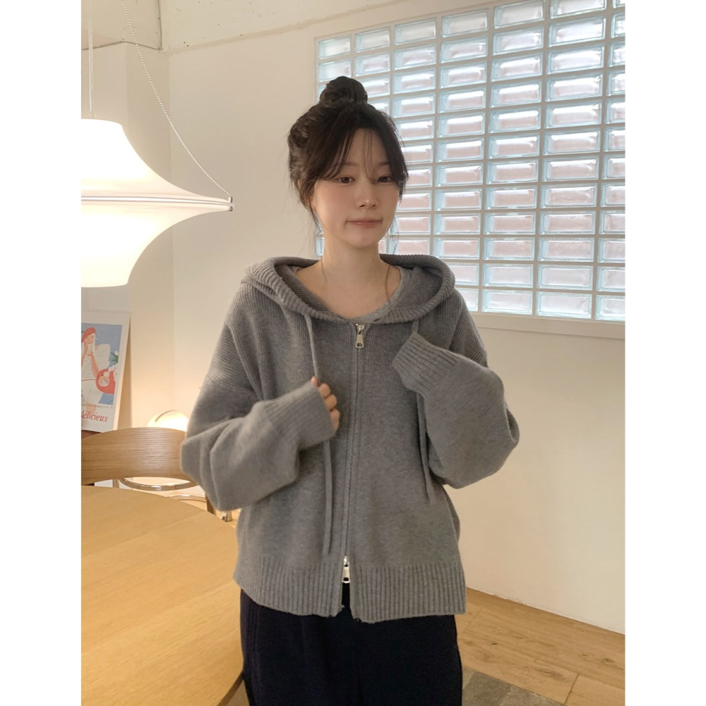 中短版針織連帽外套 cardigan 4色 / 로지 세미크롭 니트후드집업-細節圖11
