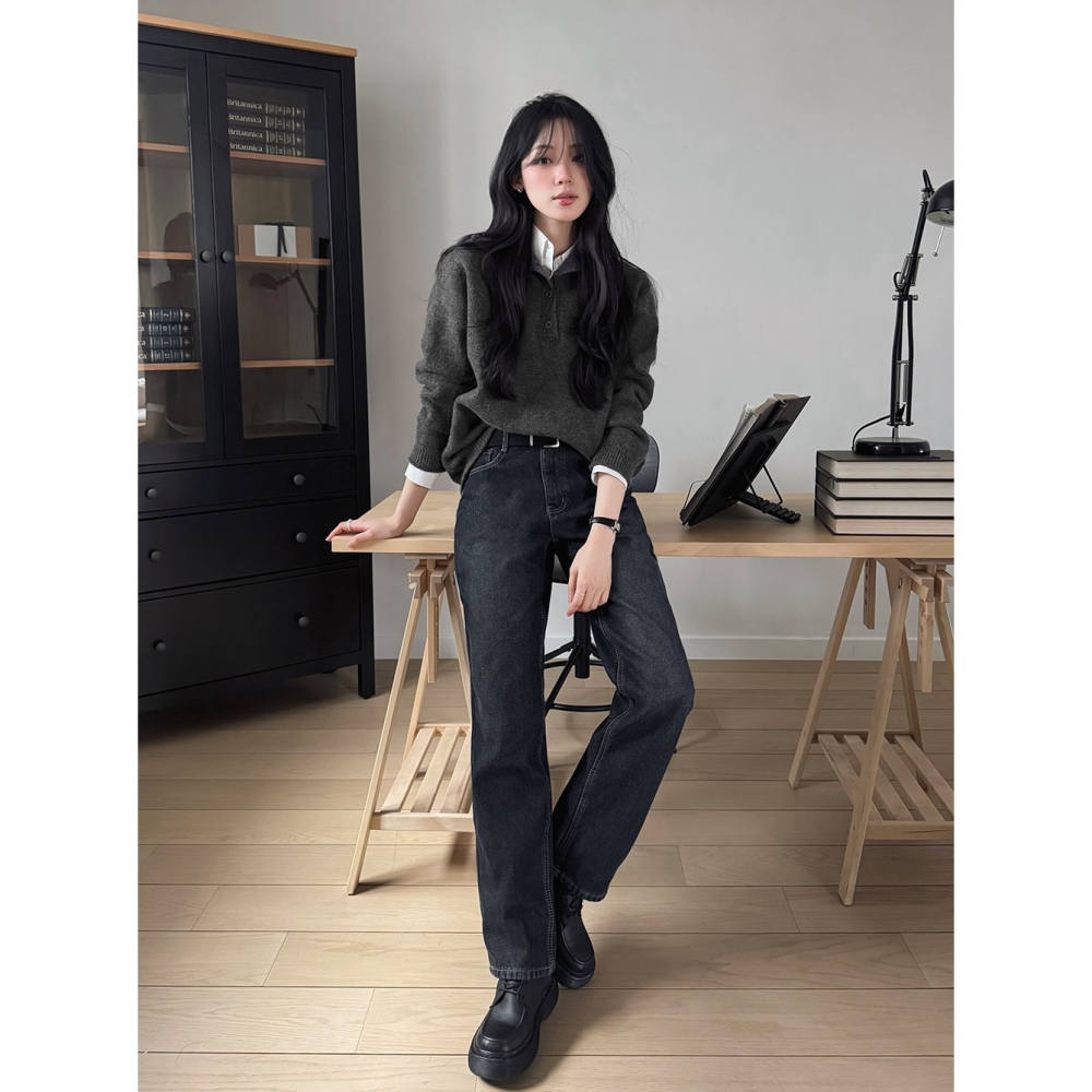 鈕扣設計高領半開襟針織上衣 knit 3色 / 버튼포인트 하이넥 반오픈니트-細節圖2