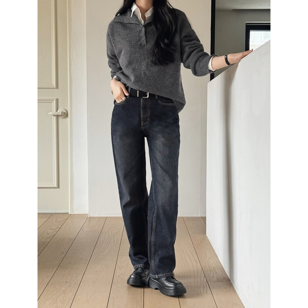 鈕扣設計高領半開襟針織上衣 knit 3色 / 버튼포인트 하이넥 반오픈니트-細節圖3