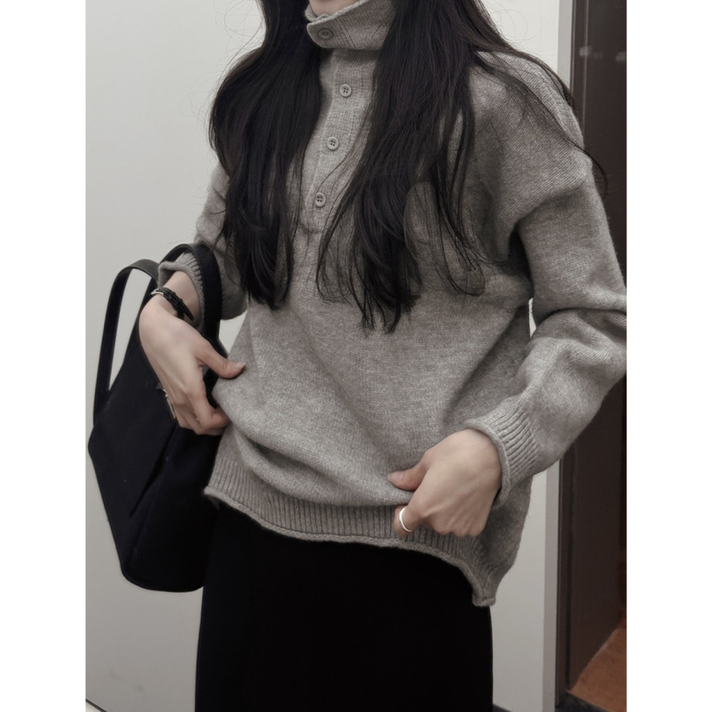 鈕扣設計高領半開襟針織上衣 knit 3色 / 버튼포인트 하이넥 반오픈니트-細節圖4