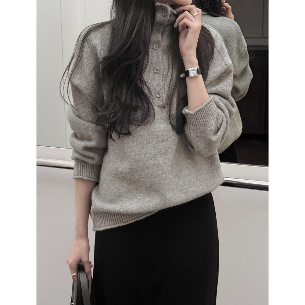 鈕扣設計高領半開襟針織上衣 knit 3色 / 버튼포인트 하이넥 반오픈니트-細節圖5