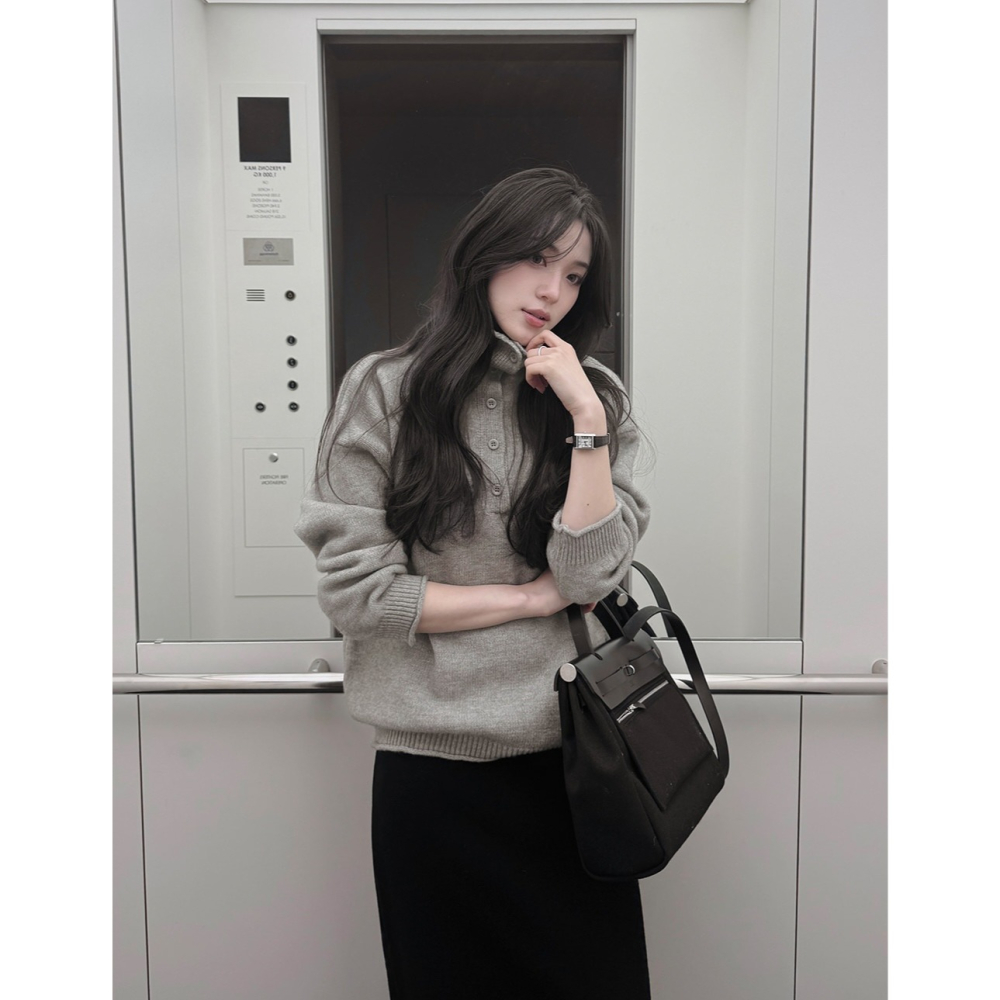 鈕扣設計高領半開襟針織上衣 knit 3色 / 버튼포인트 하이넥 반오픈니트-細節圖6