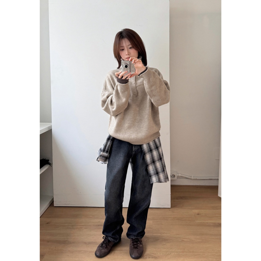 鈕扣設計高領半開襟針織上衣 knit 3色 / 버튼포인트 하이넥 반오픈니트-細節圖9