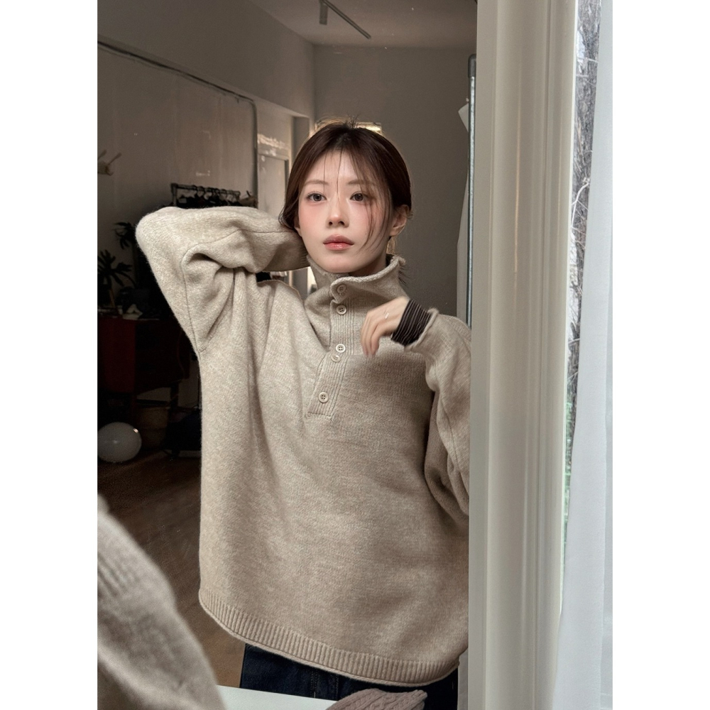 鈕扣設計高領半開襟針織上衣 knit 3色 / 버튼포인트 하이넥 반오픈니트-細節圖10