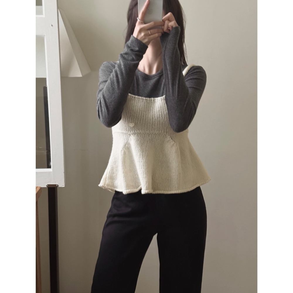 粗勾針織感細肩帶針織背心 sleeveless 2色 / 아브 플레어 니트 뷔스티에-細節圖4