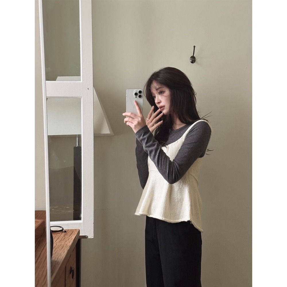 粗勾針織感細肩帶針織背心 sleeveless 2色 / 아브 플레어 니트 뷔스티에-細節圖5