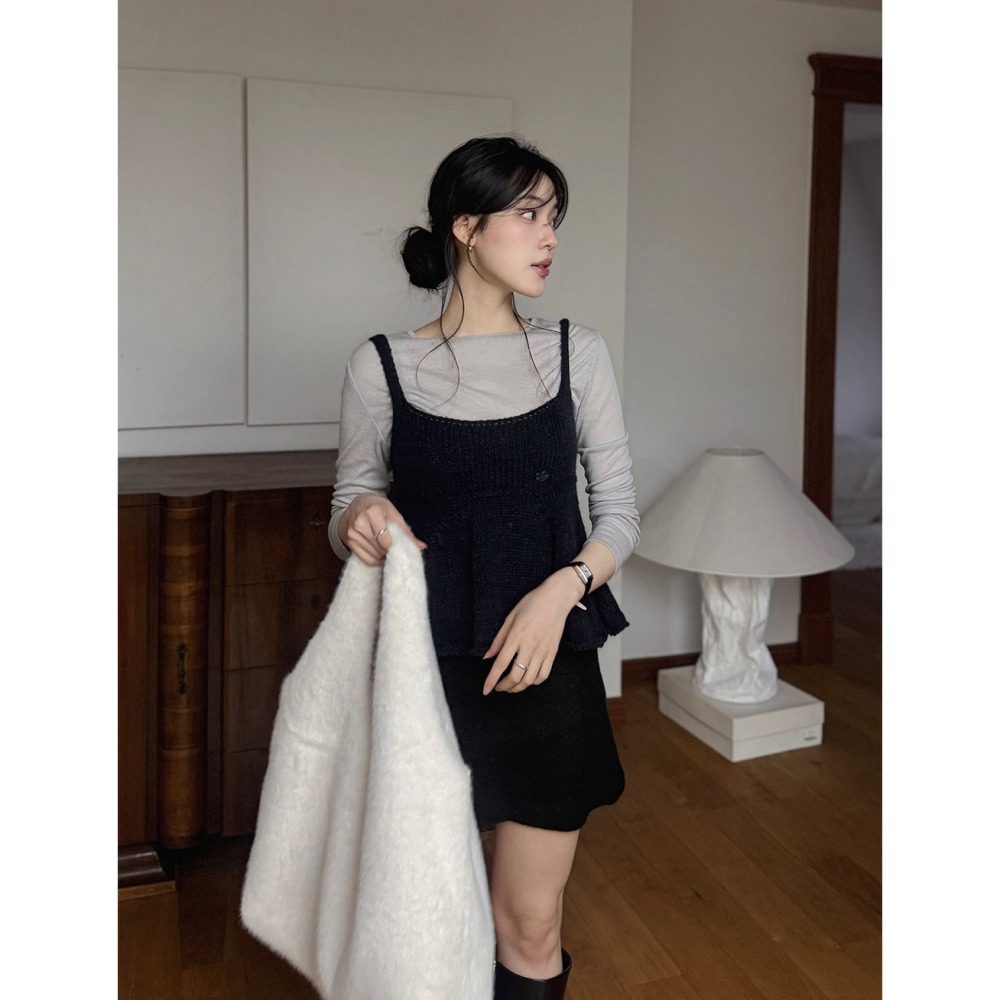 粗勾針織感細肩帶針織背心 sleeveless 2色 / 아브 플레어 니트 뷔스티에-細節圖6