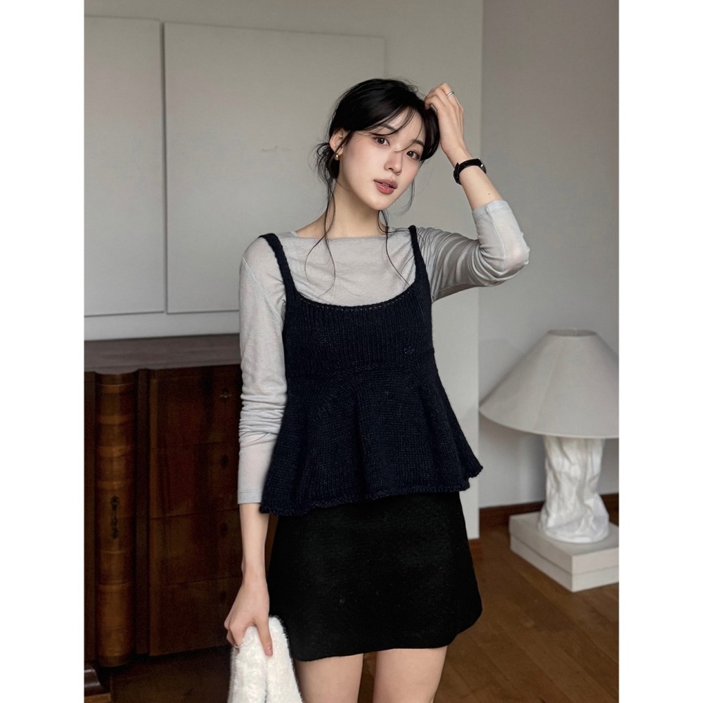 粗勾針織感細肩帶針織背心 sleeveless 2色 / 아브 플레어 니트 뷔스티에-細節圖8