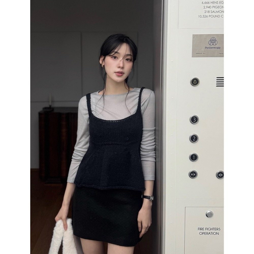 粗勾針織感細肩帶針織背心 sleeveless 2色 / 아브 플레어 니트 뷔스티에-細節圖9