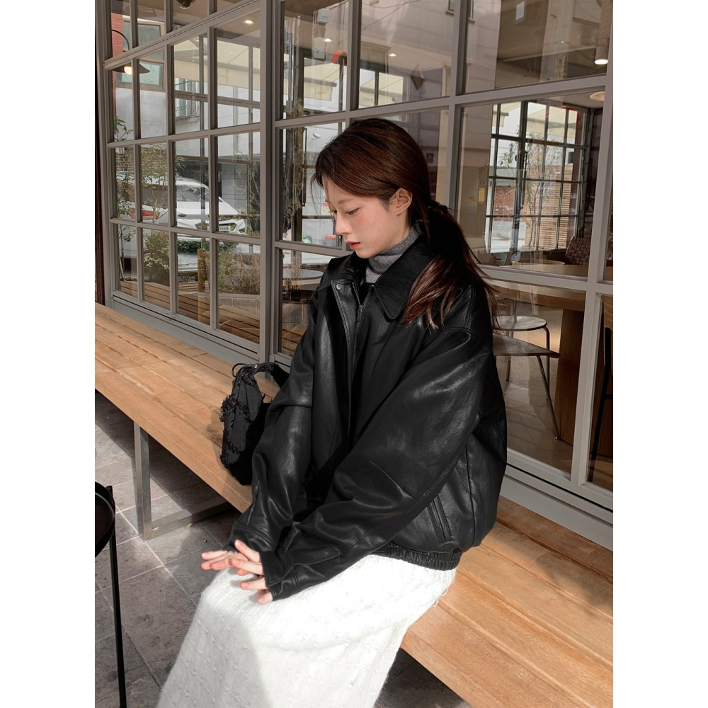 寬鬆廓形仿皮質飛行外套 slowand 비전 오버핏 레더 블루종자켓 & 패딩-細節圖2