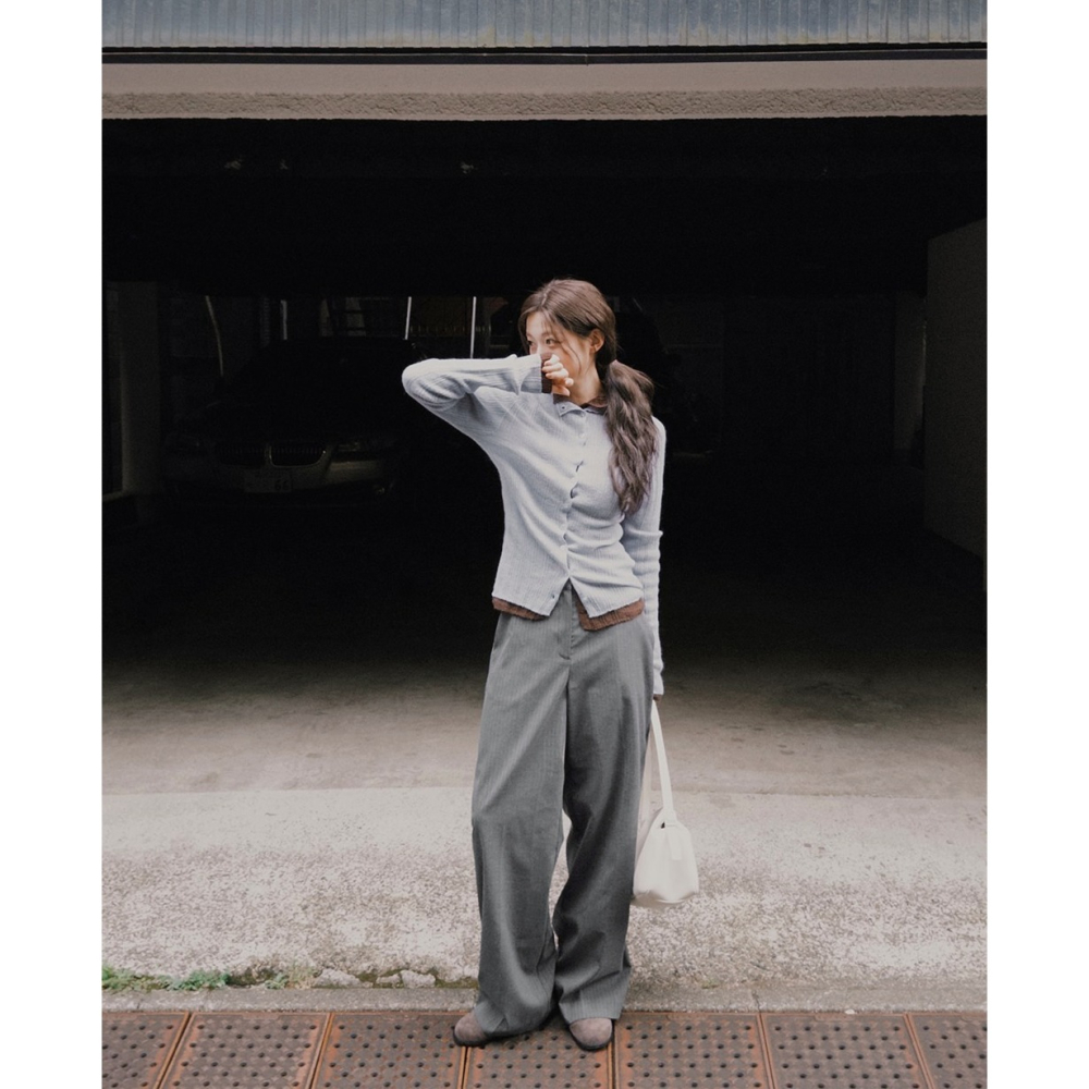 正韓製修身遮肉細條紋後鬆緊西裝褲 slowand 핀스트라이프 커버핏 반밴딩 슬랙스-細節圖5