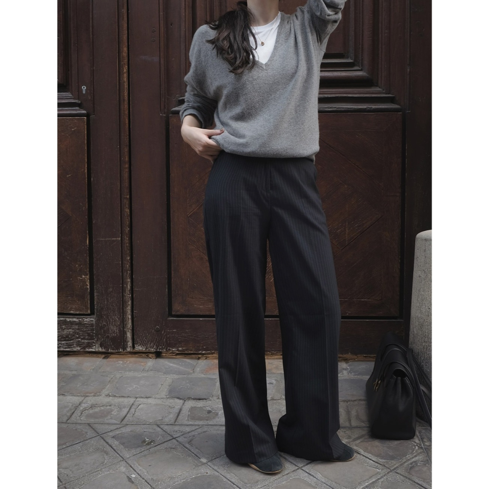 正韓製修身遮肉細條紋後鬆緊西裝褲 slowand 핀스트라이프 커버핏 반밴딩 슬랙스-細節圖6