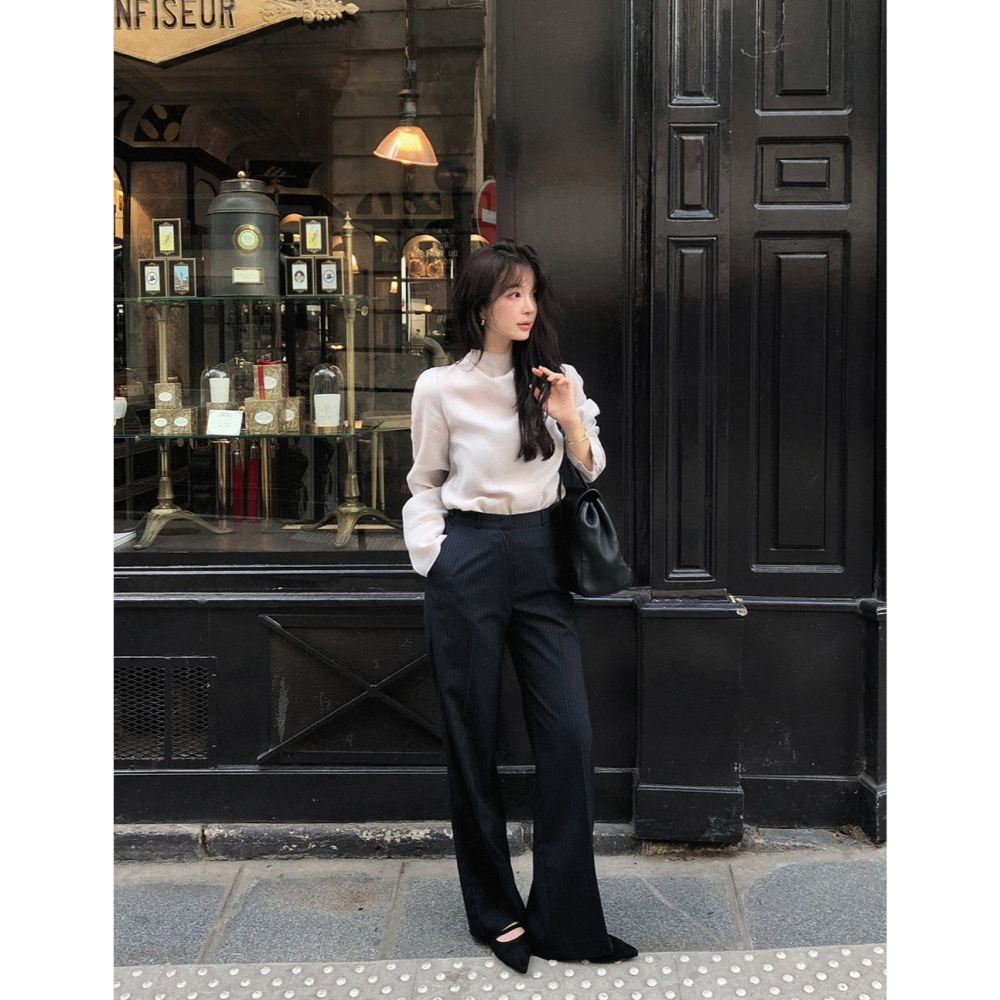 正韓製修身遮肉細條紋後鬆緊西裝褲 slowand 핀스트라이프 커버핏 반밴딩 슬랙스-細節圖7