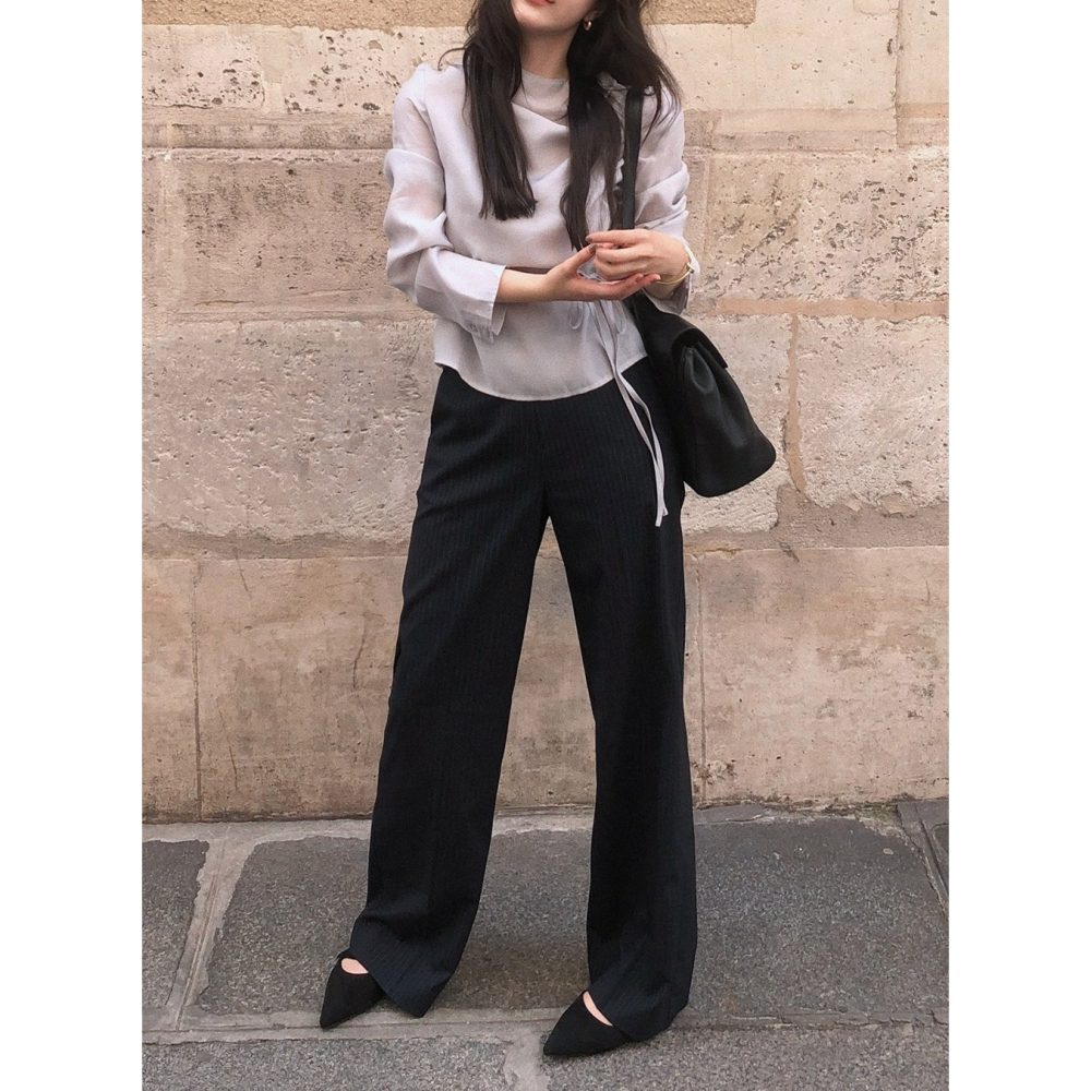 正韓製修身遮肉細條紋後鬆緊西裝褲 slowand 핀스트라이프 커버핏 반밴딩 슬랙스-細節圖9