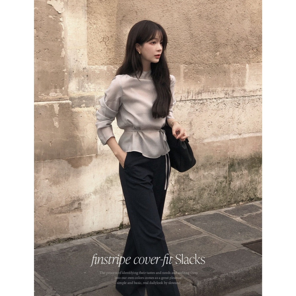 正韓製修身遮肉細條紋後鬆緊西裝褲 slowand 핀스트라이프 커버핏 반밴딩 슬랙스-細節圖11