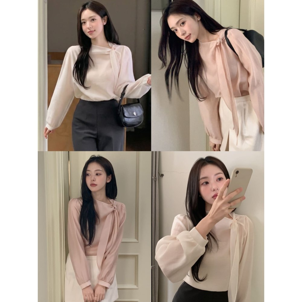 正韓製絲綢感飄逸綁帶襯衫 blouse / cherrykoko 로에린 타이 블라우스