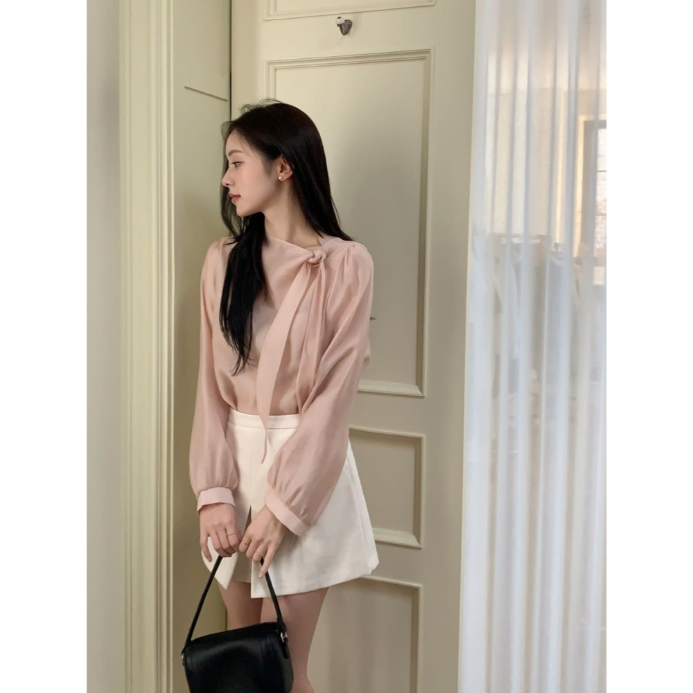 正韓製絲綢感飄逸綁帶襯衫 blouse / cherrykoko 로에린 타이 블라우스-細節圖3