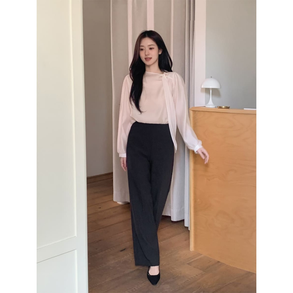 正韓製絲綢感飄逸綁帶襯衫 blouse / cherrykoko 로에린 타이 블라우스-細節圖5