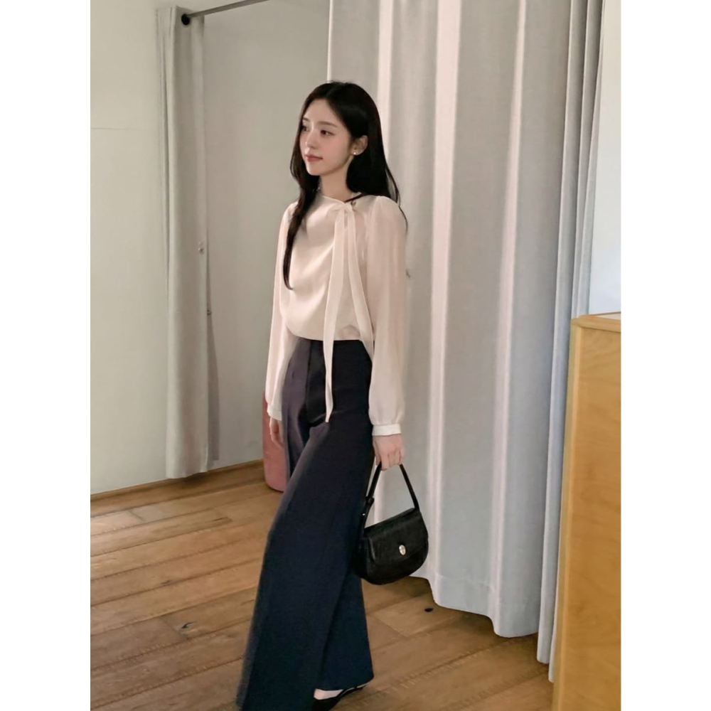 正韓製絲綢感飄逸綁帶襯衫 blouse / cherrykoko 로에린 타이 블라우스-細節圖9