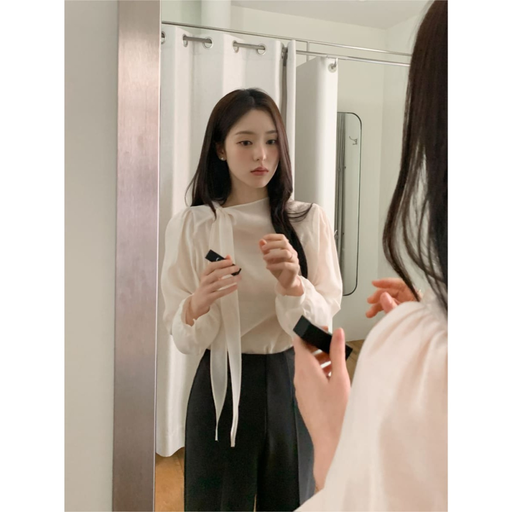 正韓製絲綢感飄逸綁帶襯衫 blouse / cherrykoko 로에린 타이 블라우스-細節圖10