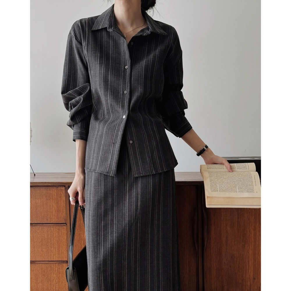 正韓製條紋襯衫半身長裙套裝 two piece 2色 / slowand 애쉬무드 스트라이프 셔츠 & 스커트 투피스-細節圖2