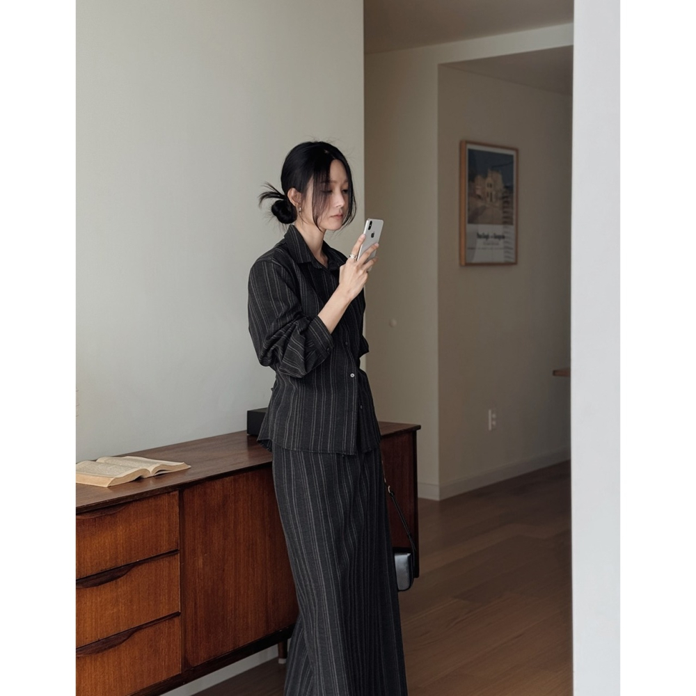 正韓製條紋襯衫半身長裙套裝 two piece 2色 / slowand 애쉬무드 스트라이프 셔츠 & 스커트 투피스-細節圖3