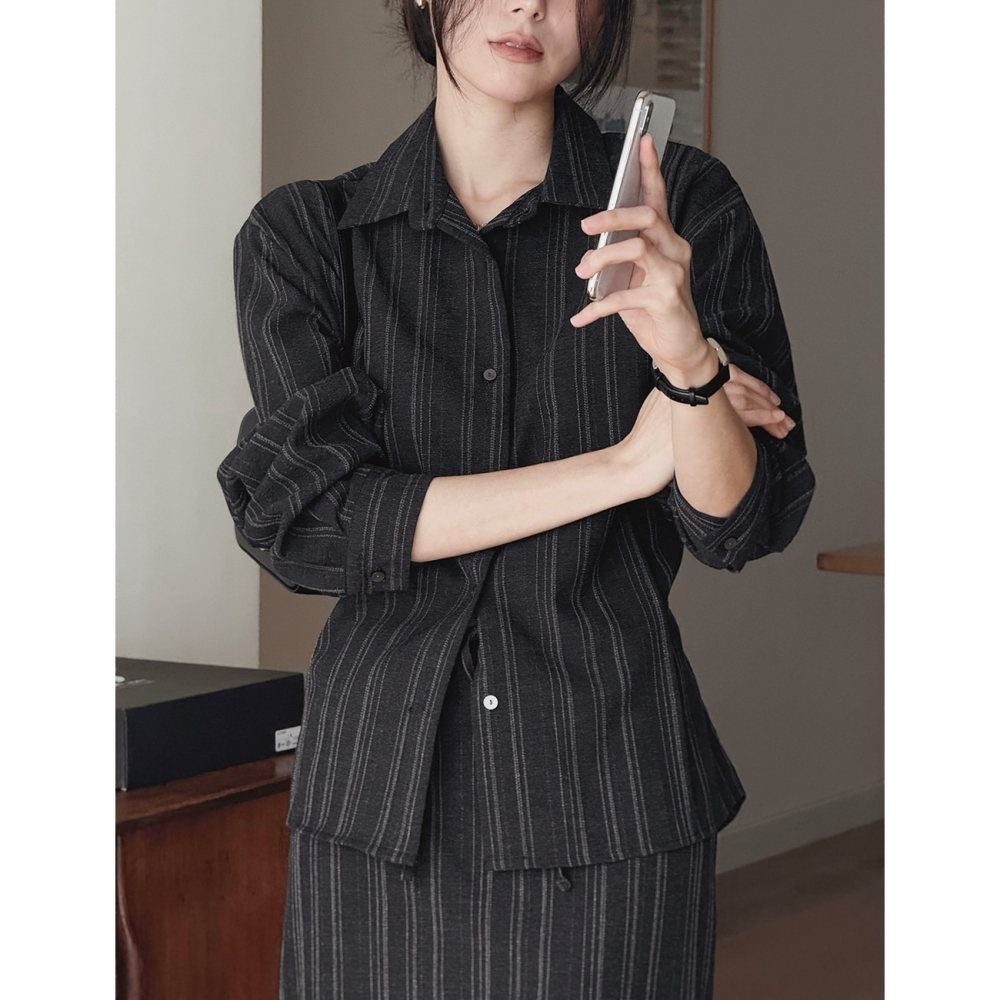 正韓製條紋襯衫半身長裙套裝 two piece 2色 / slowand 애쉬무드 스트라이프 셔츠 & 스커트 투피스-細節圖4