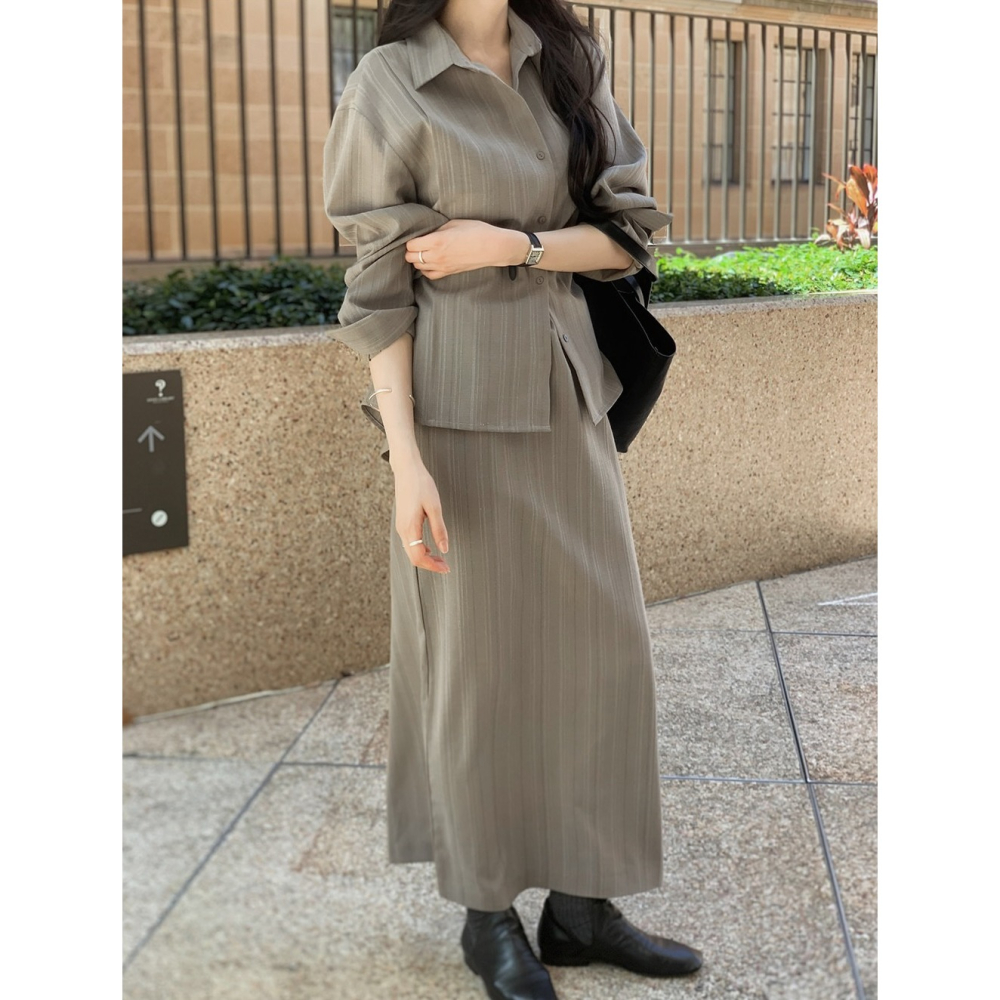 正韓製條紋襯衫半身長裙套裝 two piece 2色 / slowand 애쉬무드 스트라이프 셔츠 & 스커트 투피스-細節圖7