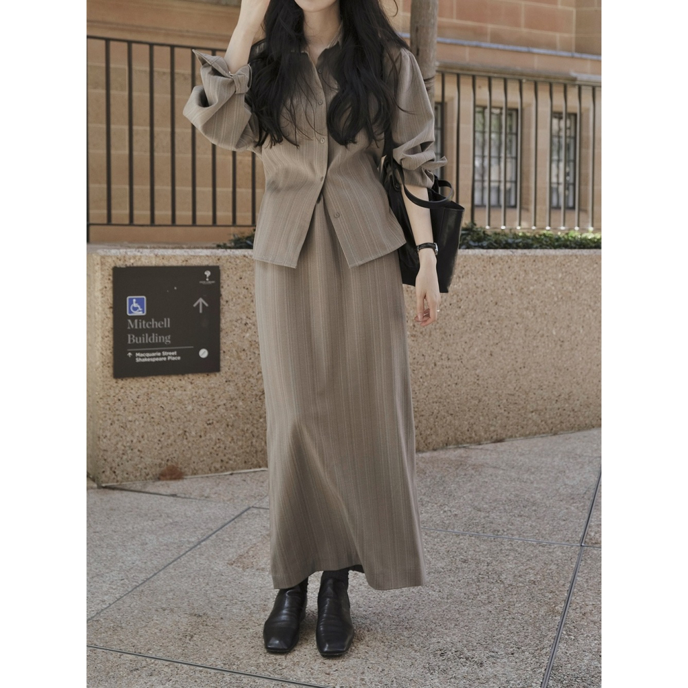正韓製條紋襯衫半身長裙套裝 two piece 2色 / slowand 애쉬무드 스트라이프 셔츠 & 스커트 투피스-細節圖9