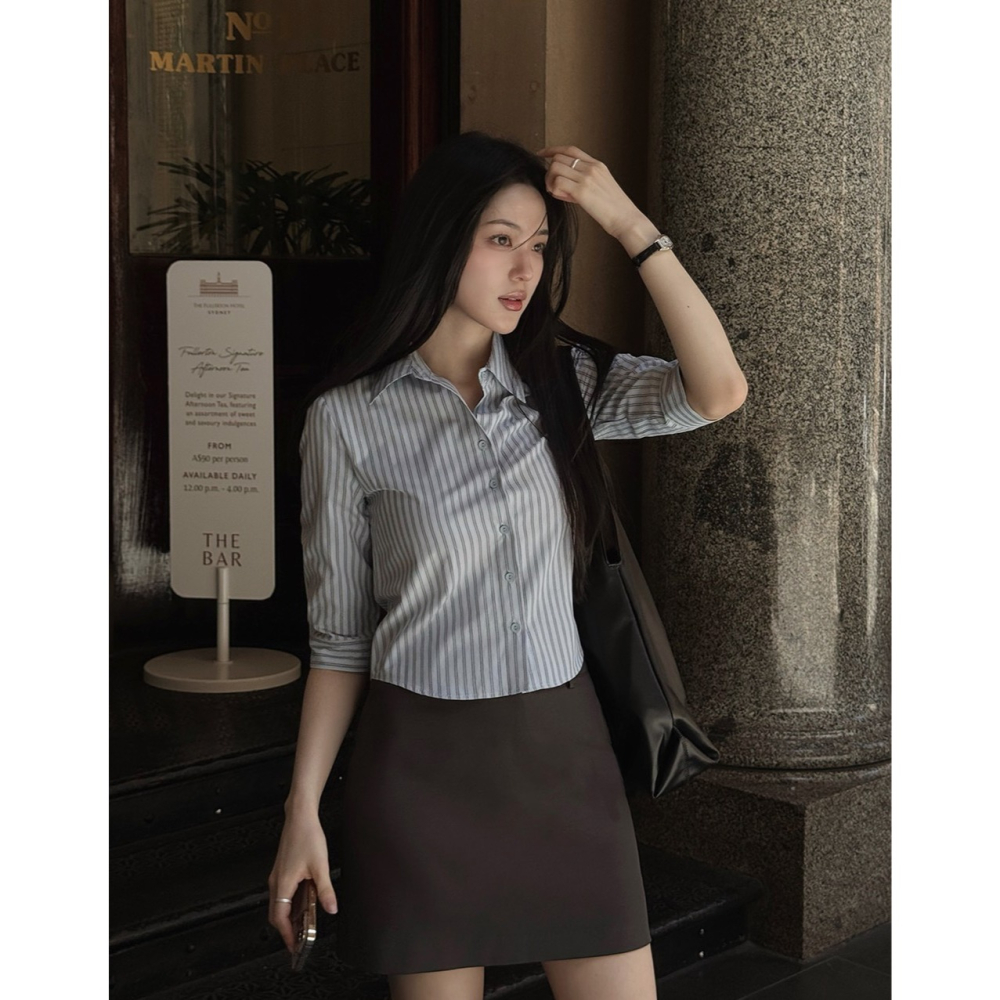 格紋/條紋 正韓製雙款線條感修身襯衫 / slowand 투타입 라인무드 슬림핏셔츠-細節圖4