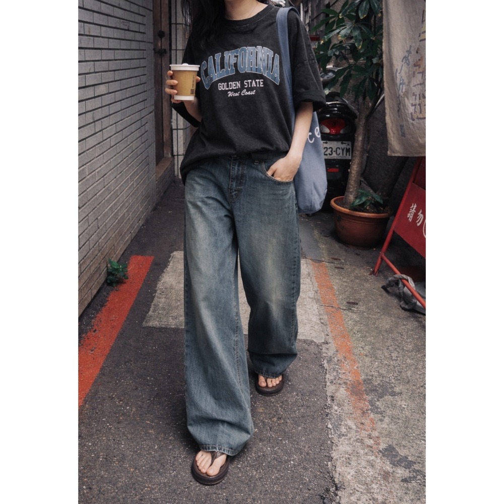 台灣企劃🌙 正韓製復古沙色感中低腰牛仔褲 pants / slowand 샌드 빈티지워싱 와이드 데님팬츠-細節圖3