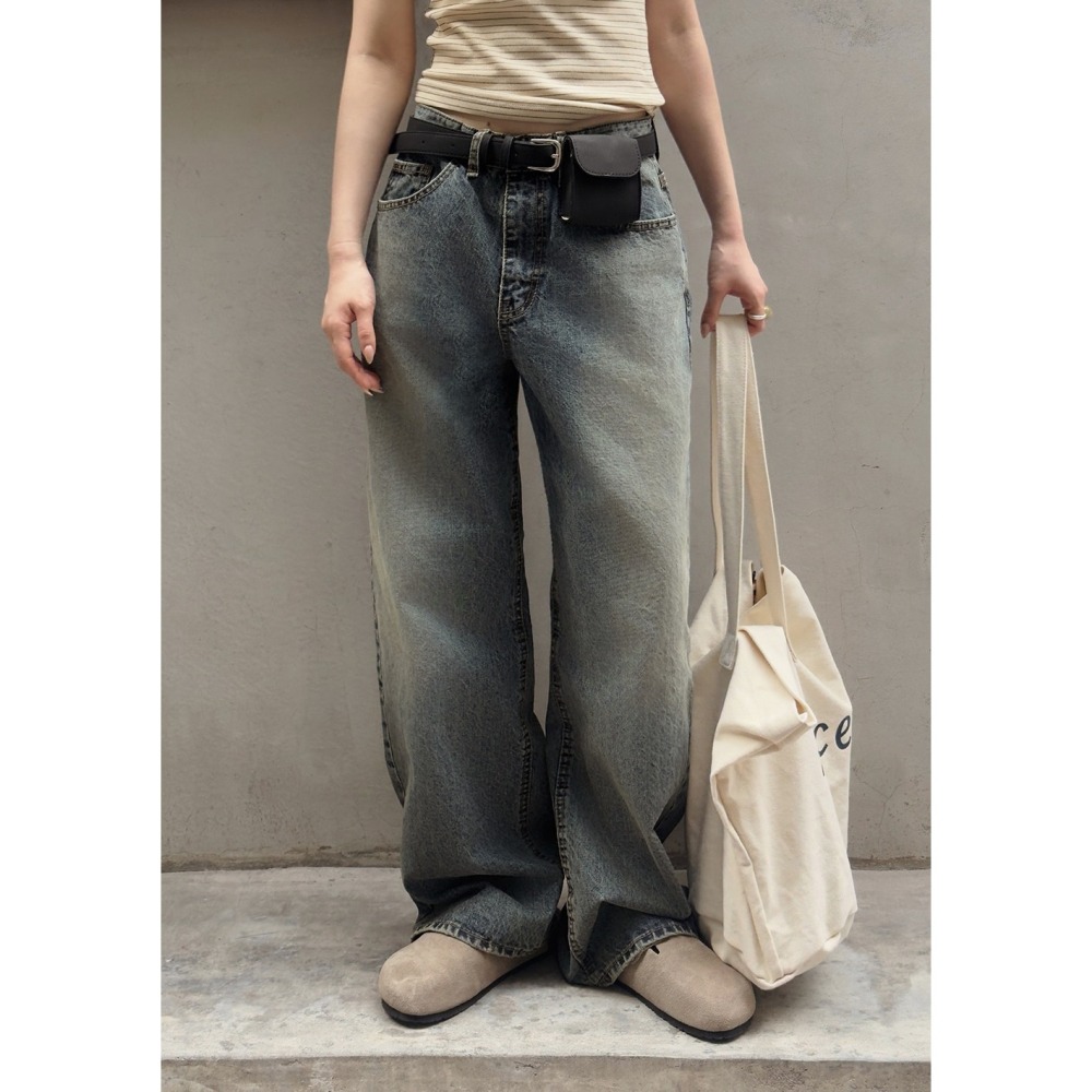台灣企劃🌙 正韓製復古沙色感中低腰牛仔褲 pants / slowand 샌드 빈티지워싱 와이드 데님팬츠-細節圖4