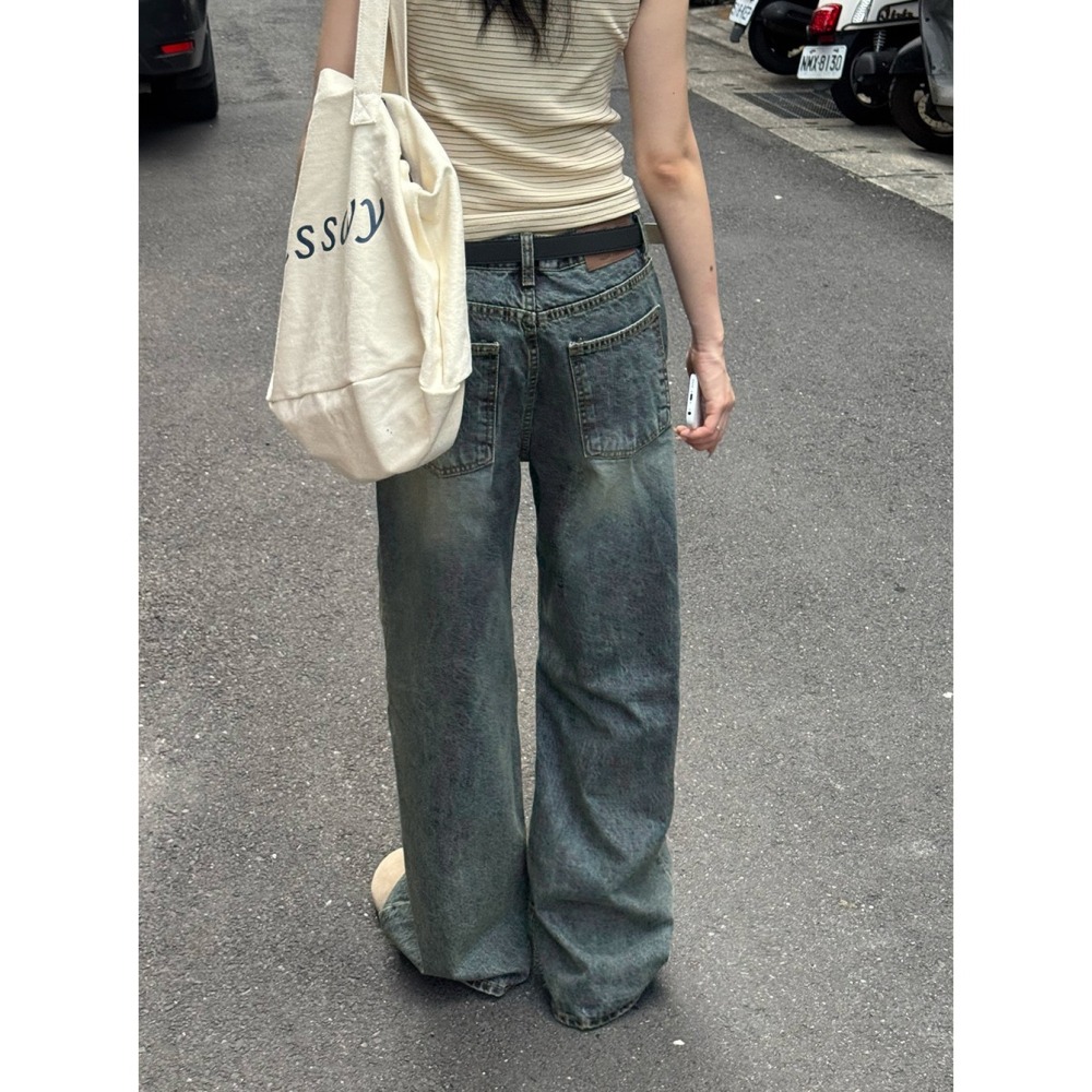 台灣企劃🌙 正韓製復古沙色感中低腰牛仔褲 pants / slowand 샌드 빈티지워싱 와이드 데님팬츠-細節圖6