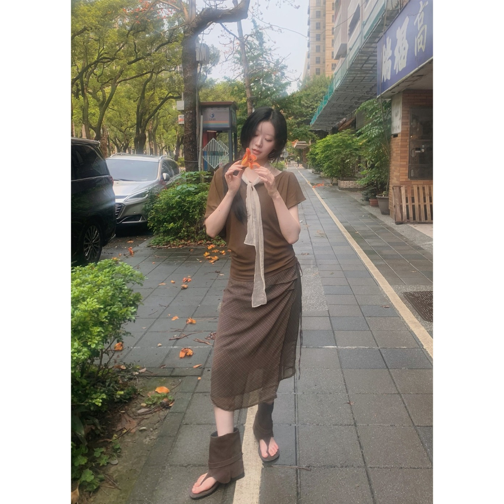 雪紡格紋不規則綁帶裙 skirt / slowand 쉬폰체크 빈티지 언발랩스커트-細節圖2
