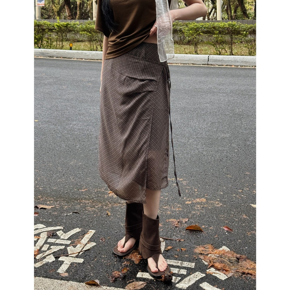 雪紡格紋不規則綁帶裙 skirt / slowand 쉬폰체크 빈티지 언발랩스커트-細節圖3