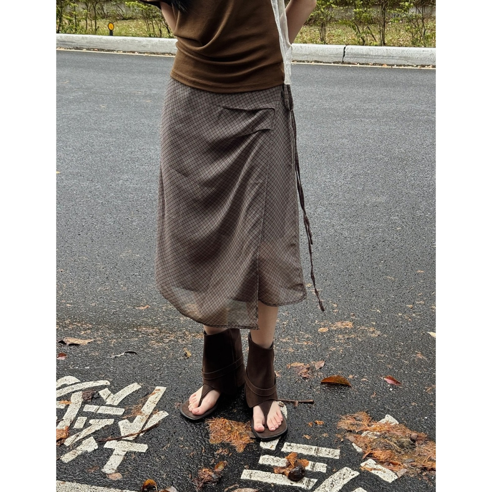 雪紡格紋不規則綁帶裙 skirt / slowand 쉬폰체크 빈티지 언발랩스커트-細節圖4