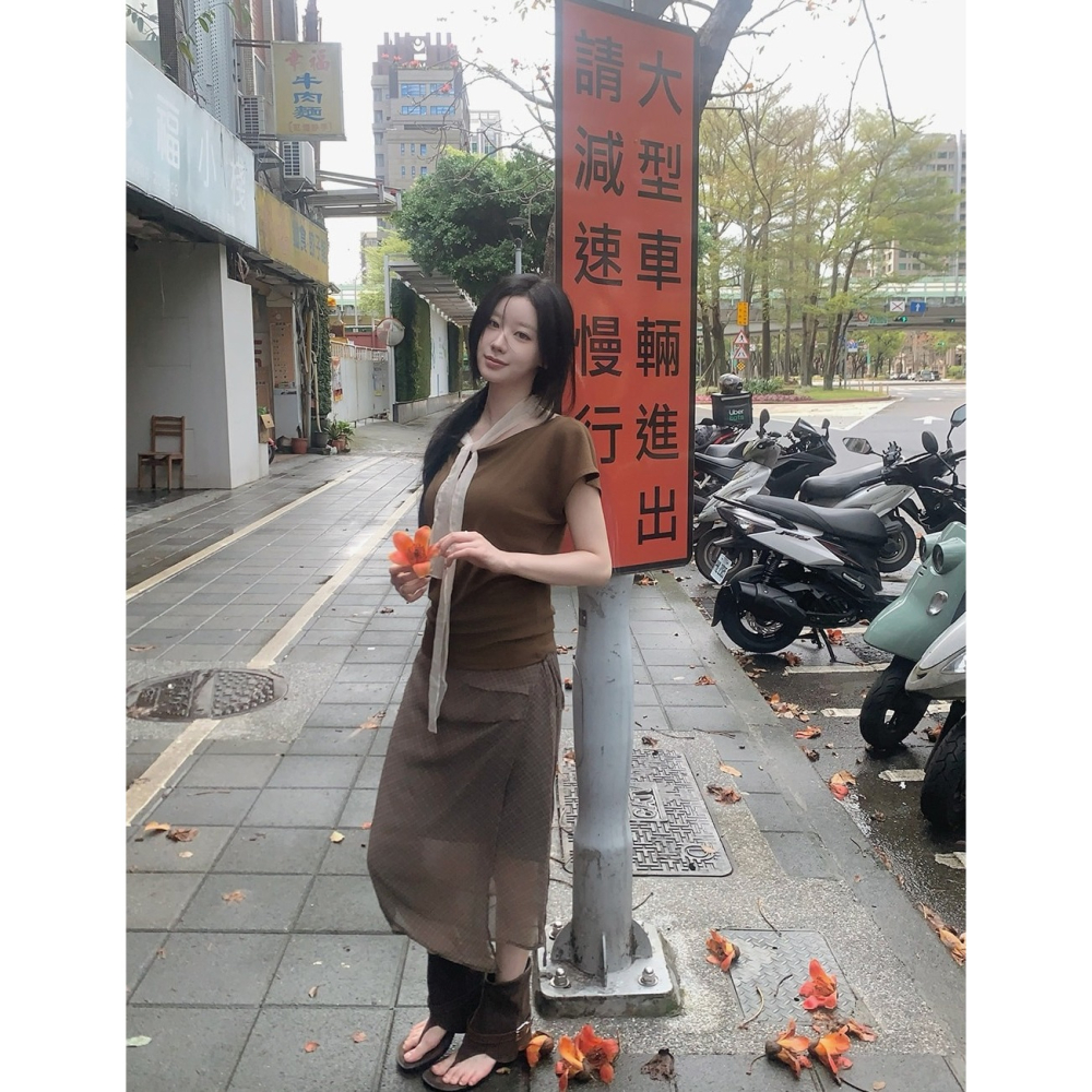 雪紡格紋不規則綁帶裙 skirt / slowand 쉬폰체크 빈티지 언발랩스커트-細節圖5
