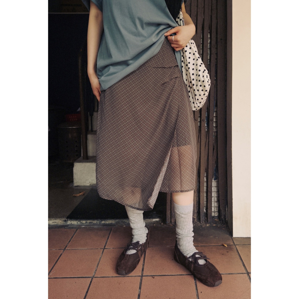 雪紡格紋不規則綁帶裙 skirt / slowand 쉬폰체크 빈티지 언발랩스커트-細節圖6
