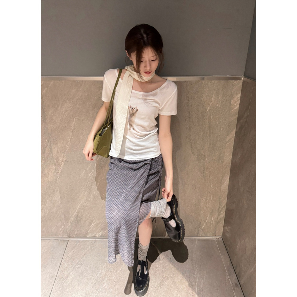 雪紡格紋不規則綁帶裙 skirt / slowand 쉬폰체크 빈티지 언발랩스커트-細節圖7