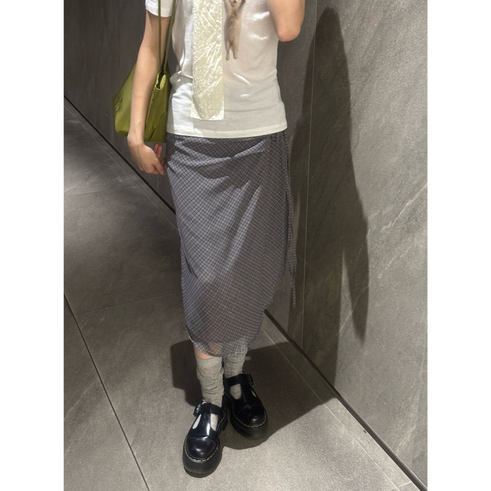 雪紡格紋不規則綁帶裙 skirt / slowand 쉬폰체크 빈티지 언발랩스커트-細節圖8