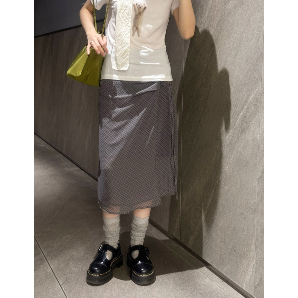 雪紡格紋不規則綁帶裙 skirt / slowand 쉬폰체크 빈티지 언발랩스커트-細節圖9