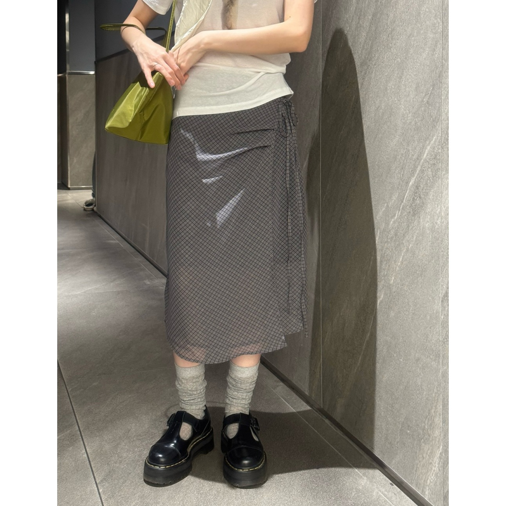 雪紡格紋不規則綁帶裙 skirt / slowand 쉬폰체크 빈티지 언발랩스커트-細節圖10