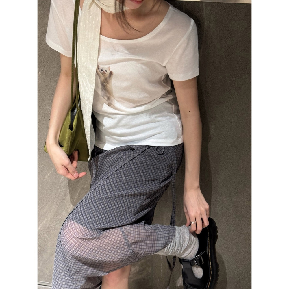 雪紡格紋不規則綁帶裙 skirt / slowand 쉬폰체크 빈티지 언발랩스커트-細節圖11